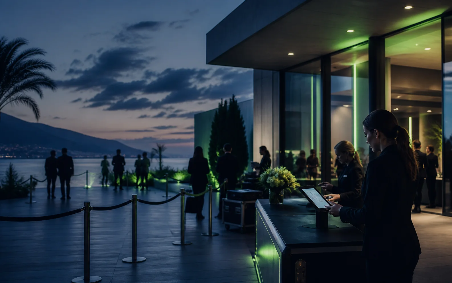 An evening destination event check-in point with guests and operational staff.